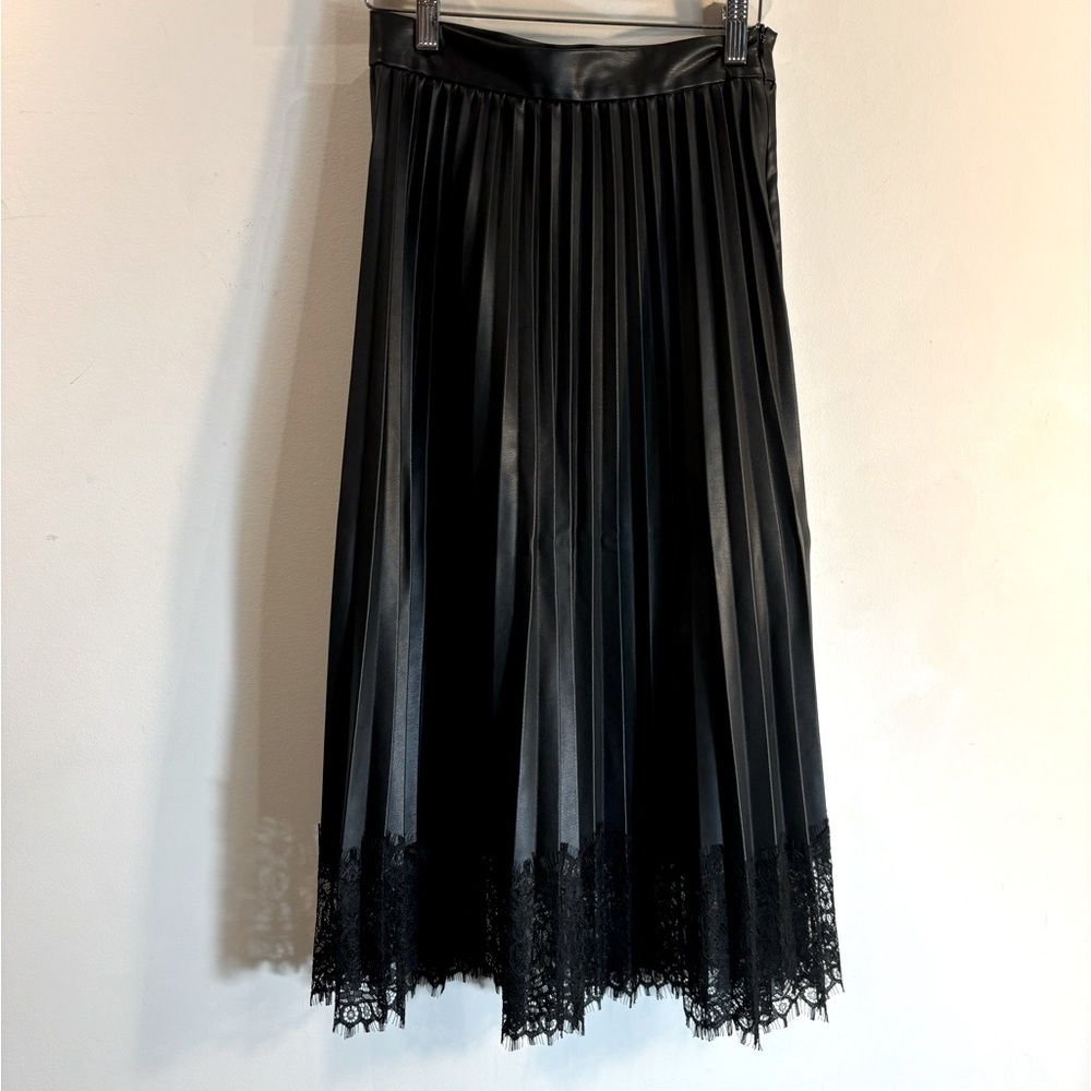ZARA Sz XS Midi Skirt Liquid Leather Look Vegan Pleated Lace Trimmed In Black
